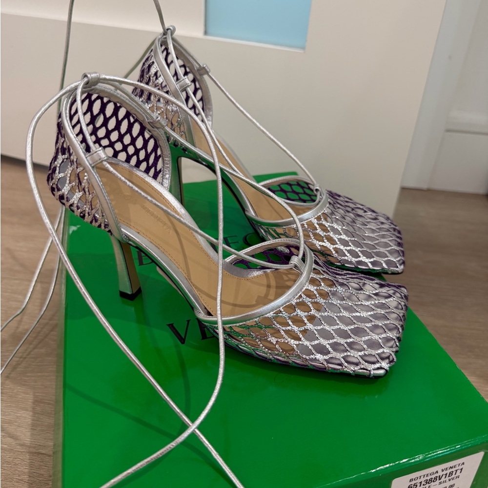Bottega Veneta Silver Metallic Mesh Lace-Up Heels